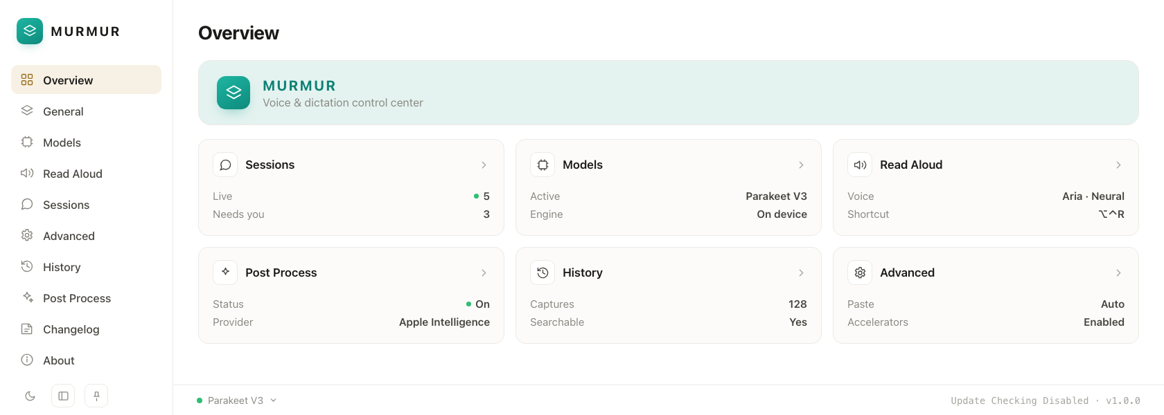 Murmur Overview control center dashboard