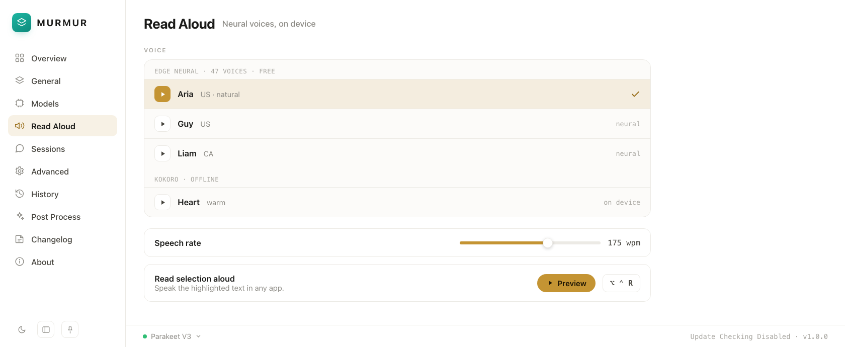Murmur Read Aloud voice picker with neural and offline voices