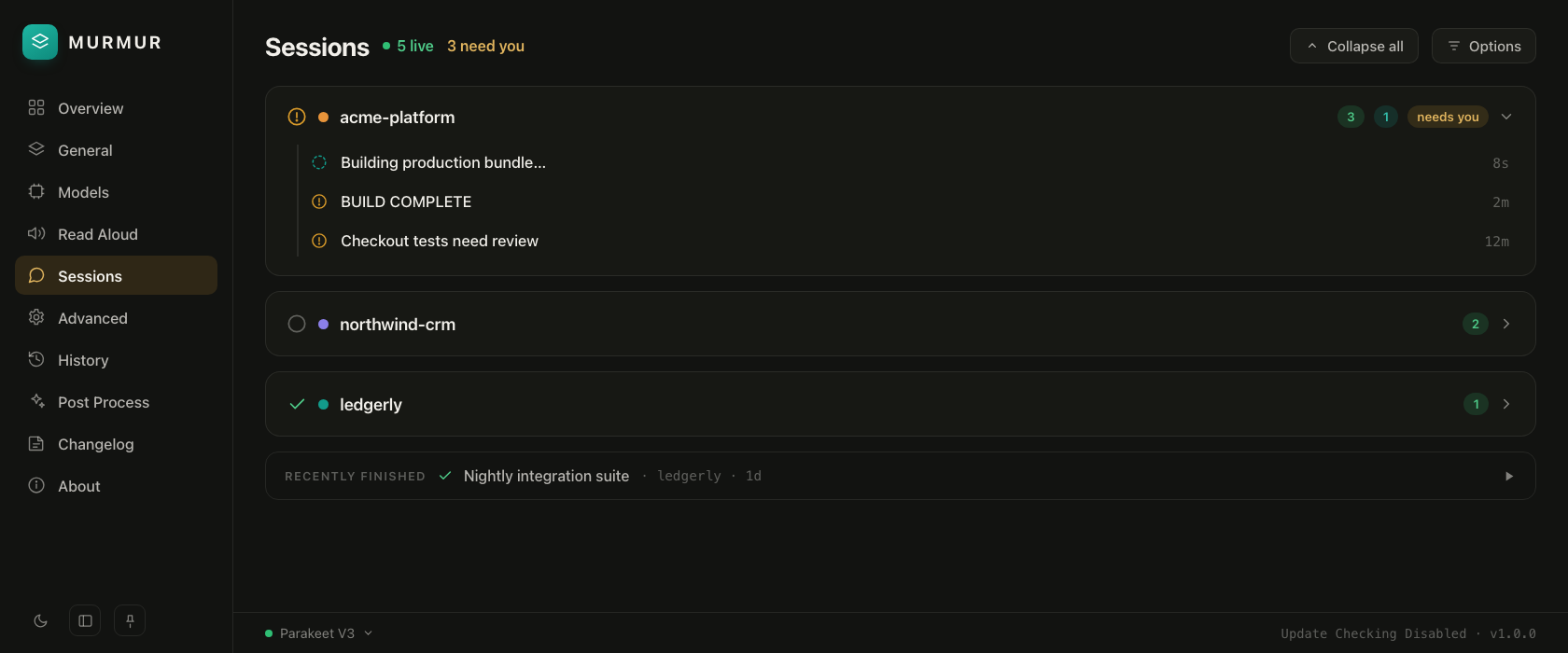 Murmur Sessions in dark theme